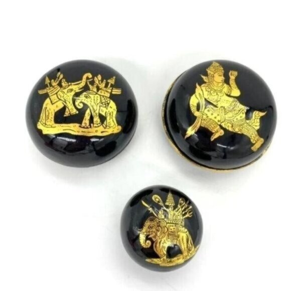 Burmese Lacquerware Gold Accented Trinket Boxes Set Of 3 - Picture 4 of 12